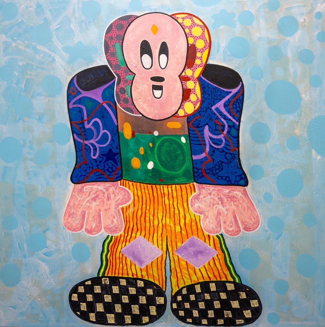 Patchwork giant — on cyan dots.